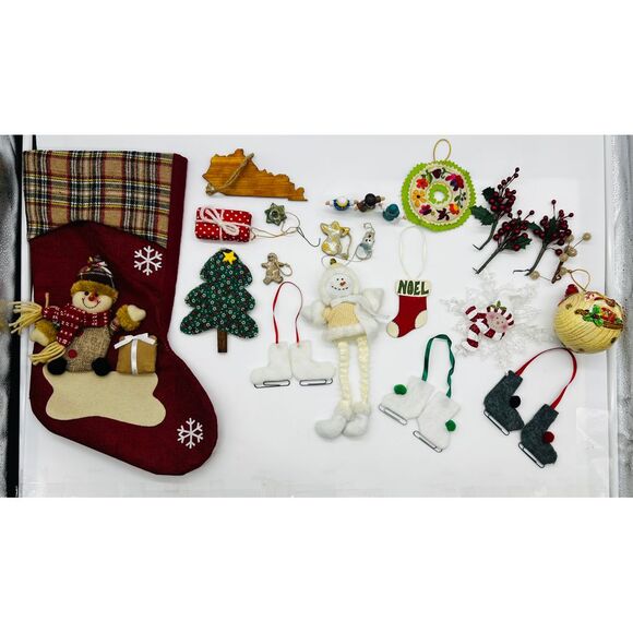 Christmas Tree Ornaments Lot Vintage Homemade Stocking Decoration‎ 80s Snowman - Picture 1 of 16